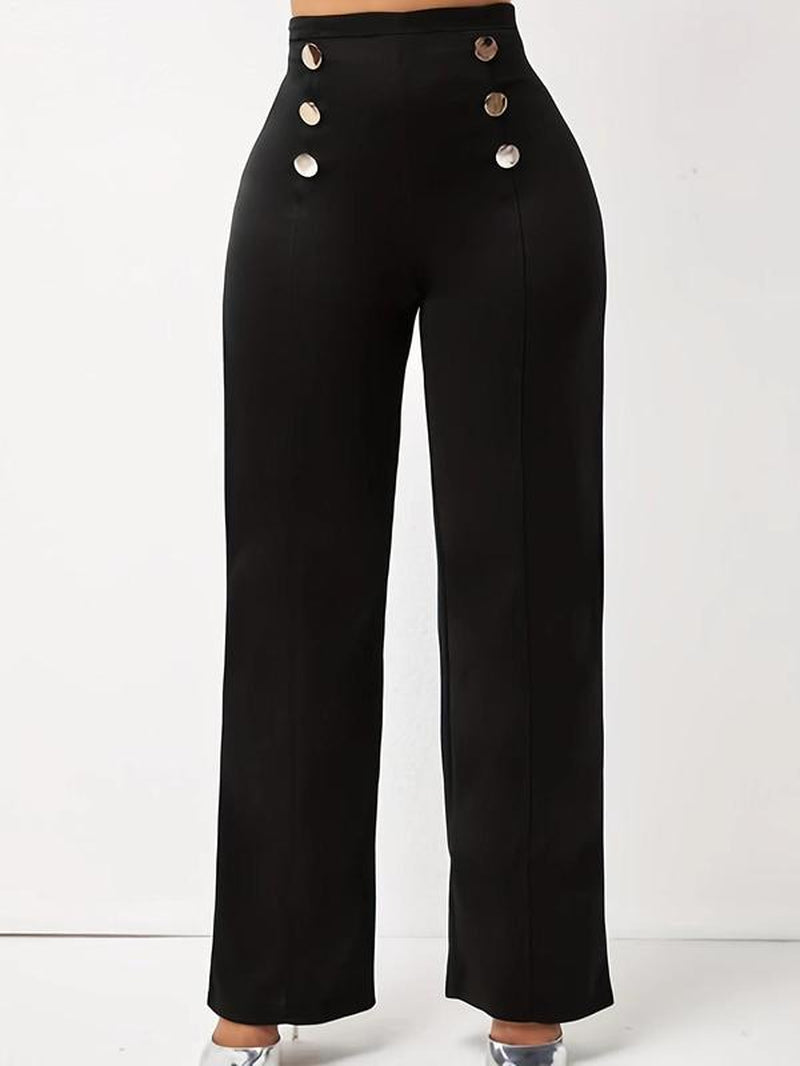 Stylish Plus Size High Waist Wide Leg Pants with Double Button Detail - Comfortable Casual Trousers for Fall & Winter Outdoor Wear